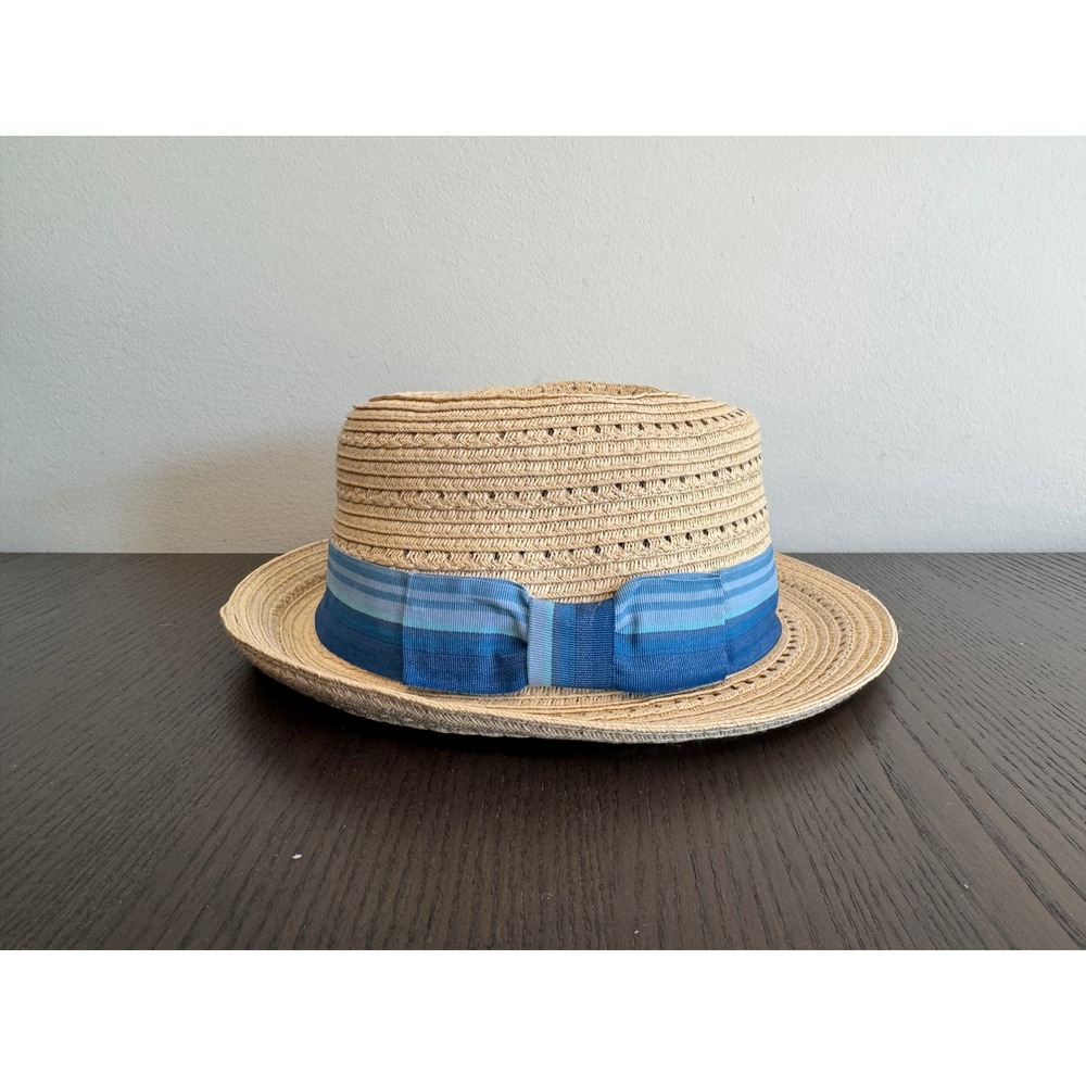 August Hat Company Straw Fedora Womens OS Tan Blue‎ Striped Ribbon Bow Accent